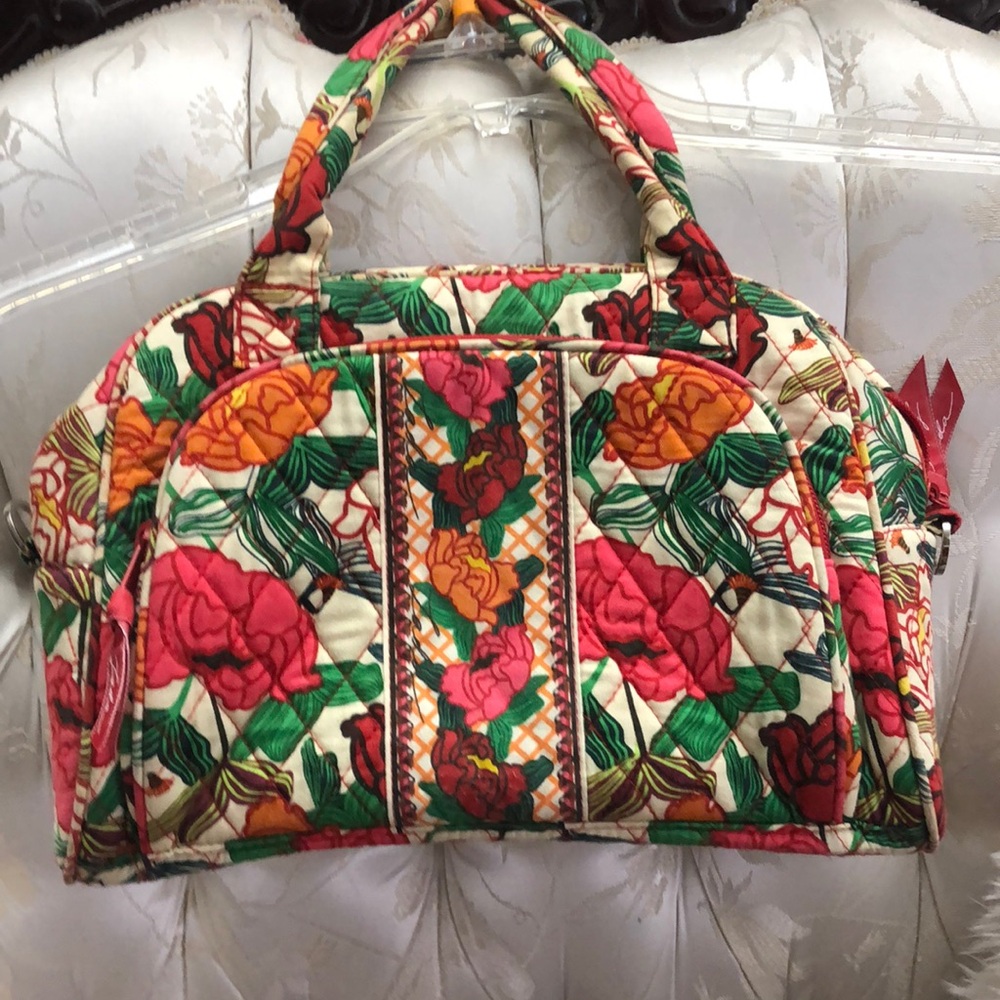 Quilted Floral Accent Hand Bag in Cream, Red & Green
